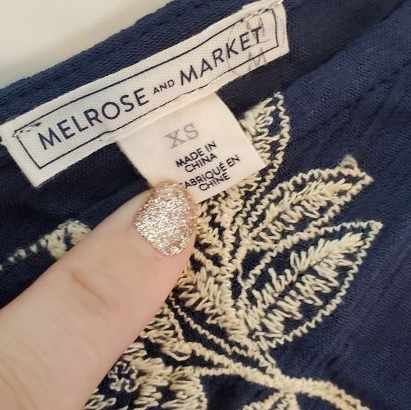 Melrose Market Size XS Blue and Creme Embroidered Sleeveless Blouse Floral - Picture 2 of 5